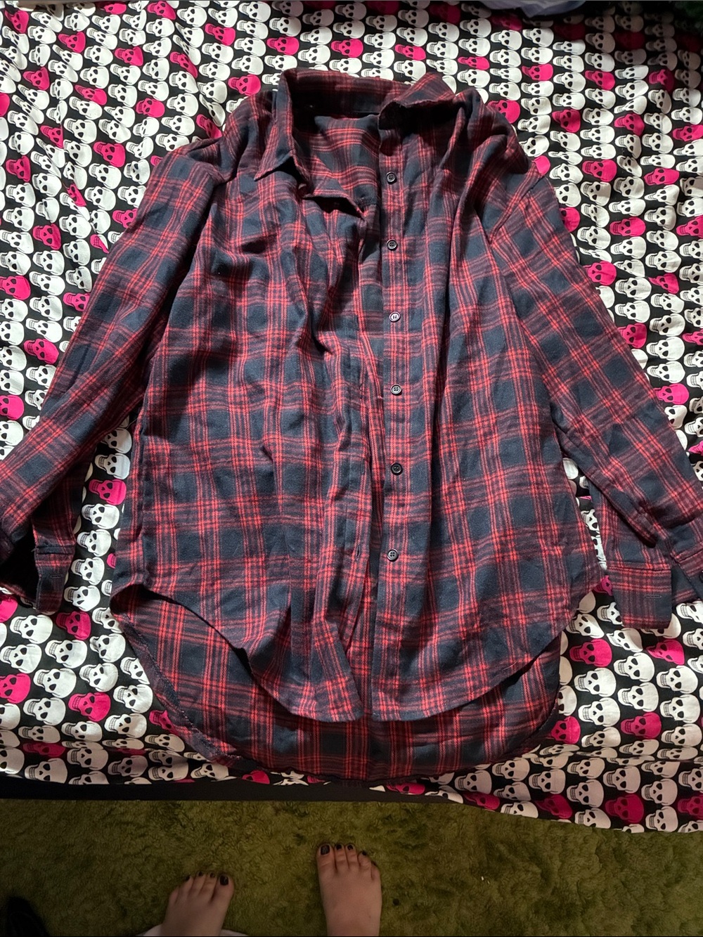Navy and red plaid flannel button top